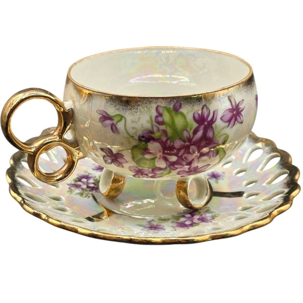 Royal Sealy China Japan Lusterware Tea Cup Saucer Set Violet Floral Gold Gilded